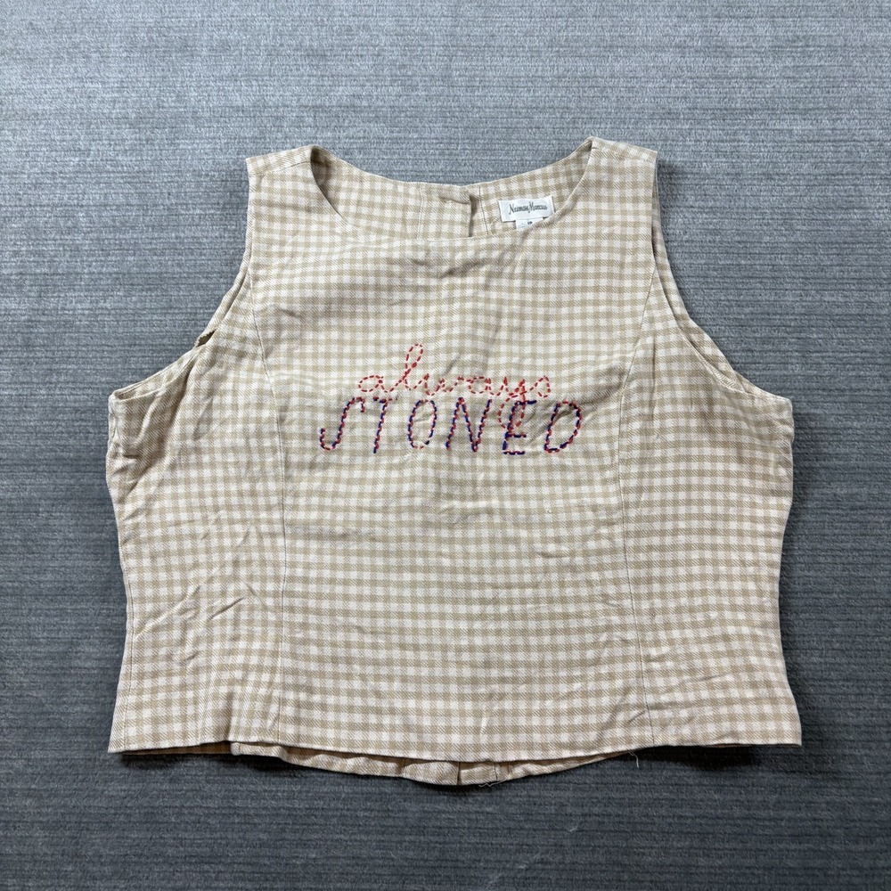 VTG Neiman Marcus Silk Gingham Top Women 18 Beige DIY Embroidered Always Stoned